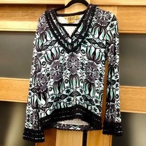 TORY BURCH~Terrycloth Cotton Printed Crochet Hooded Long Sleeve Pullover Top